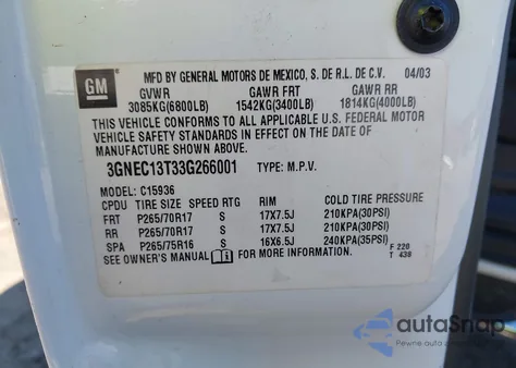 2003 Chevrolet Avalanche 1500 z USA, uszkodzony, nr VIN 3GNEC13T33G266001